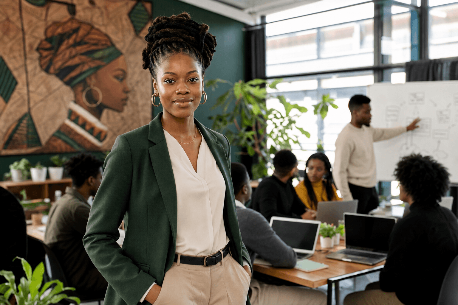 Confident young South African professional woman in a youth training and empowerment workshop setting