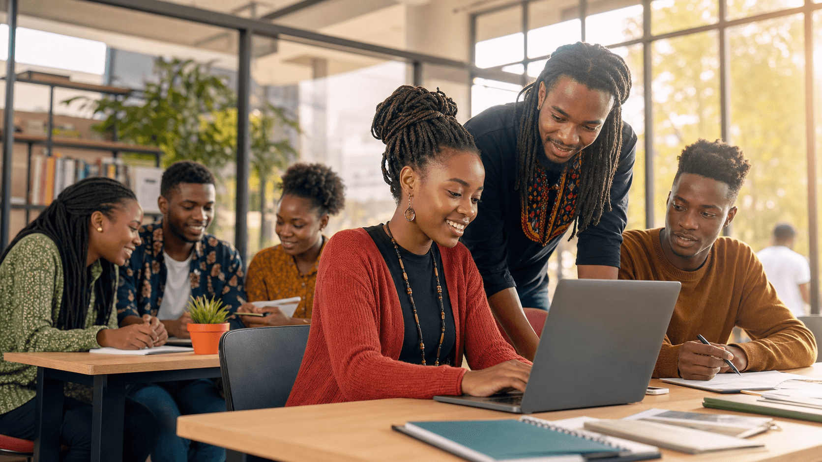 Young people collaborating at the Vuka Africa Empowerment Hub during Nelson Mandela Month